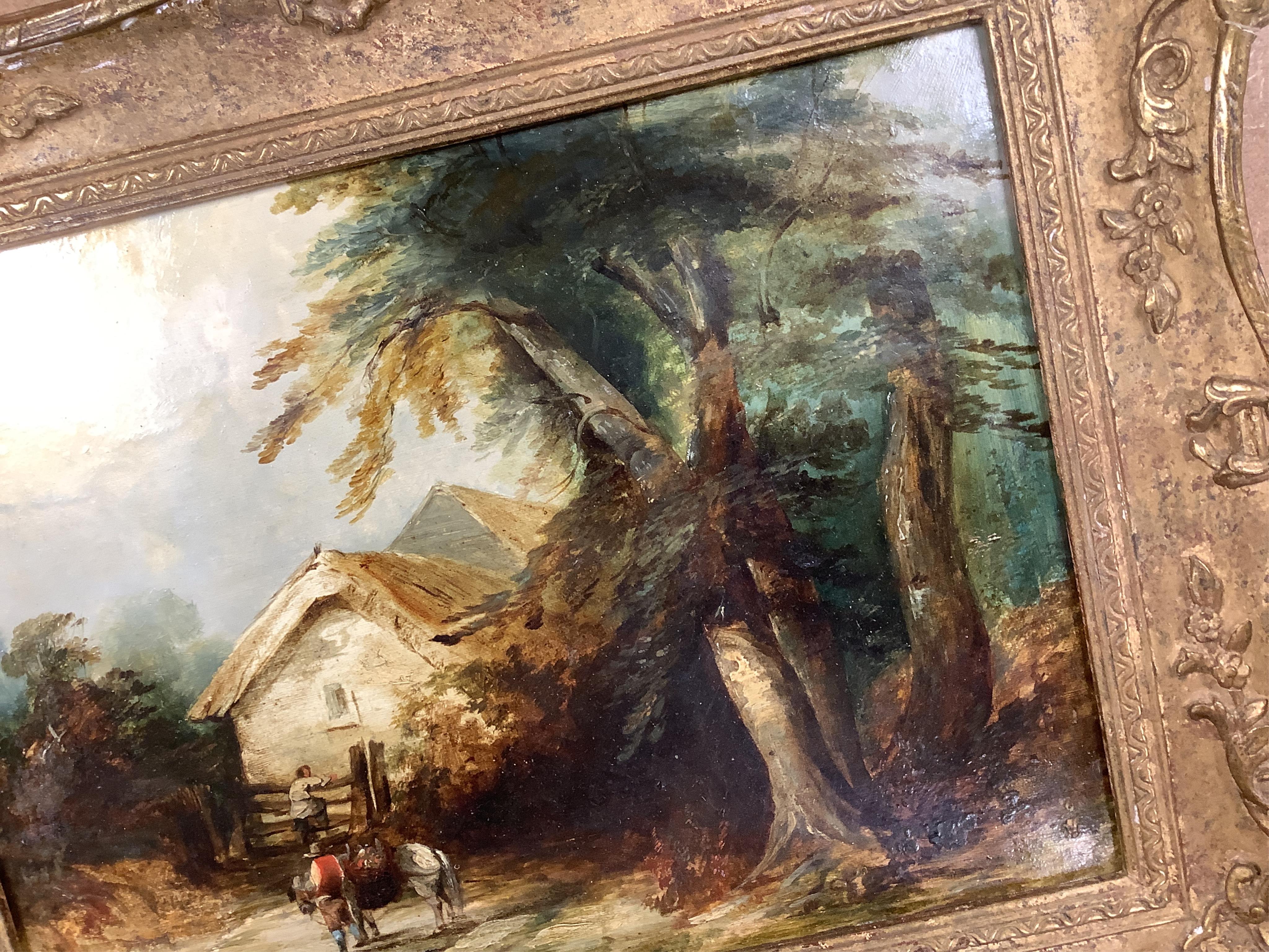 Edwin Hayes (1819-1904), Pastoral landscape with figure and horse before a cottage, signed, indistinctly dated 1844?, 22 x 29cm, applied plaque to the ornate gilt frame, oil on board